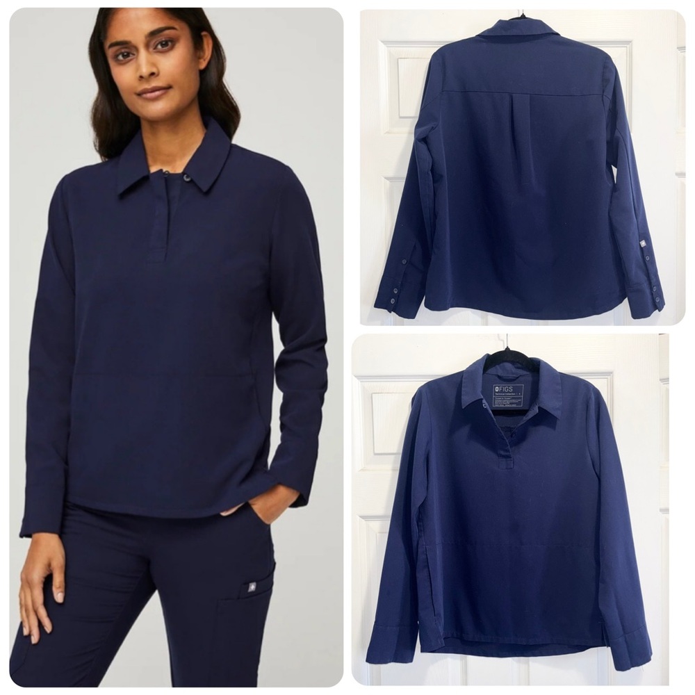 Figs Nala Long Sleeve Polo Scrub Top Navy Blue Healthcare Size Small